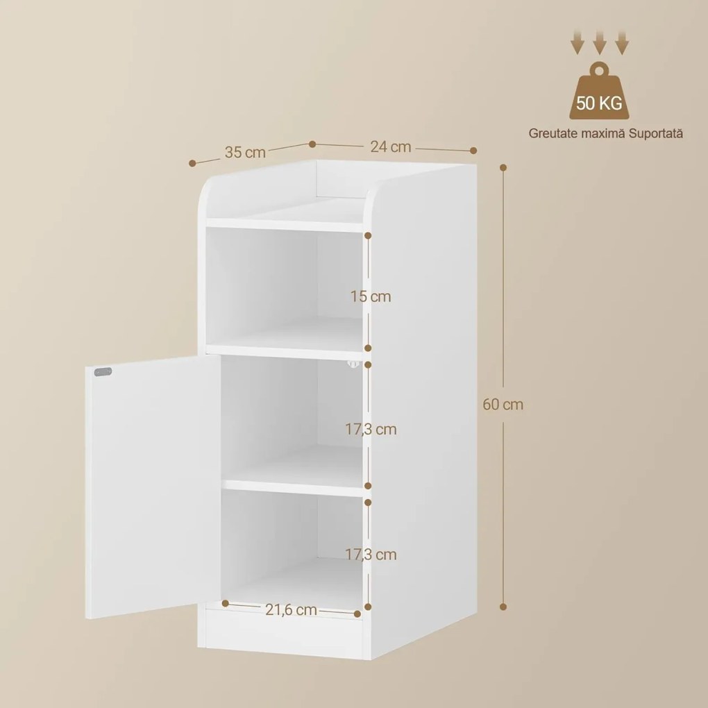 NOA78 - Set 2 Noptiere, 24 cm, foarte inguste, cu Raft si Dulapior - Alb