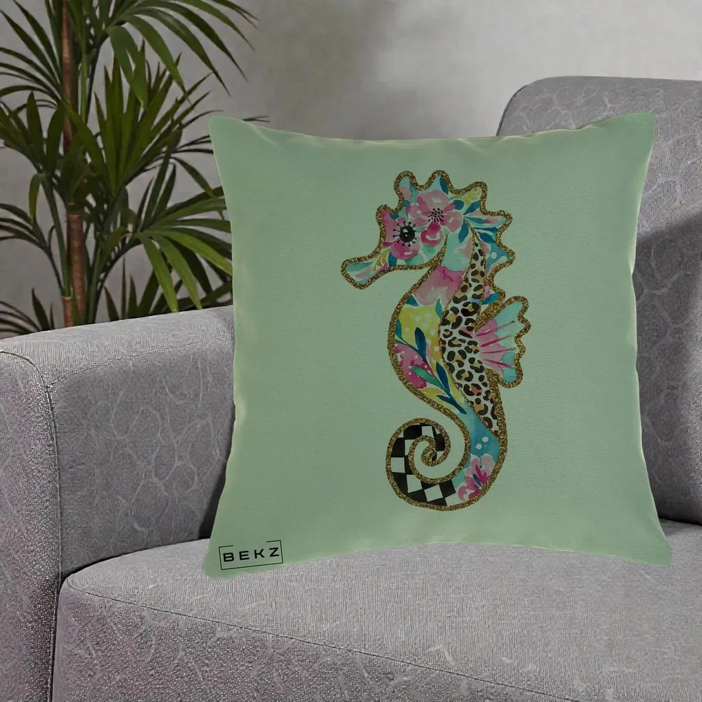 Perna Decorativa Calut de Mare Glitter Tropical, 40x40 cm, Verde, Husa Detasabila, Perna Inclusa, BEKZ®