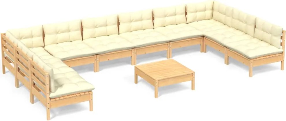 vidaXL Set mobilier grădină cu perne crem, 11 piese, lemn masiv de pin