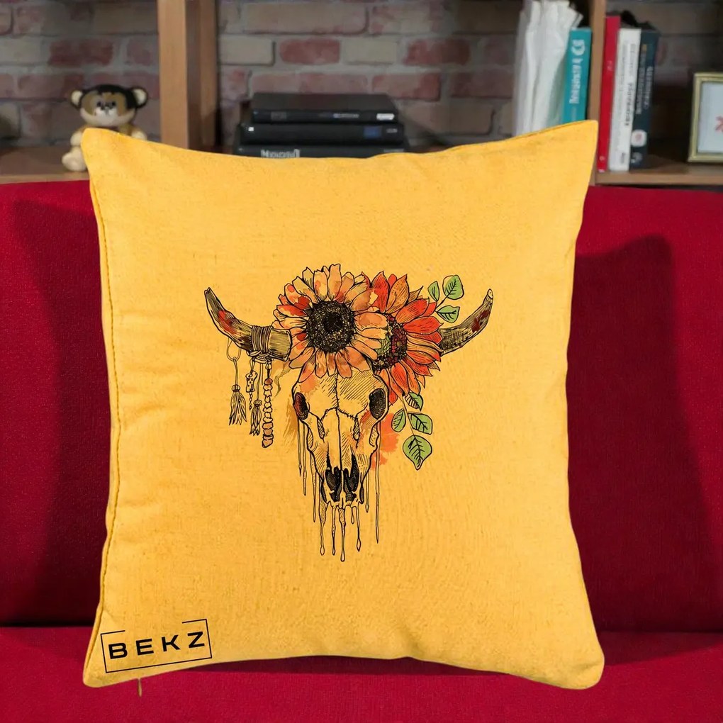 Perna Decorativa Craniu Boho Floral, 40x40 cm, Galben, Husa Detasabila, Perna Inclusa, BEKZ®