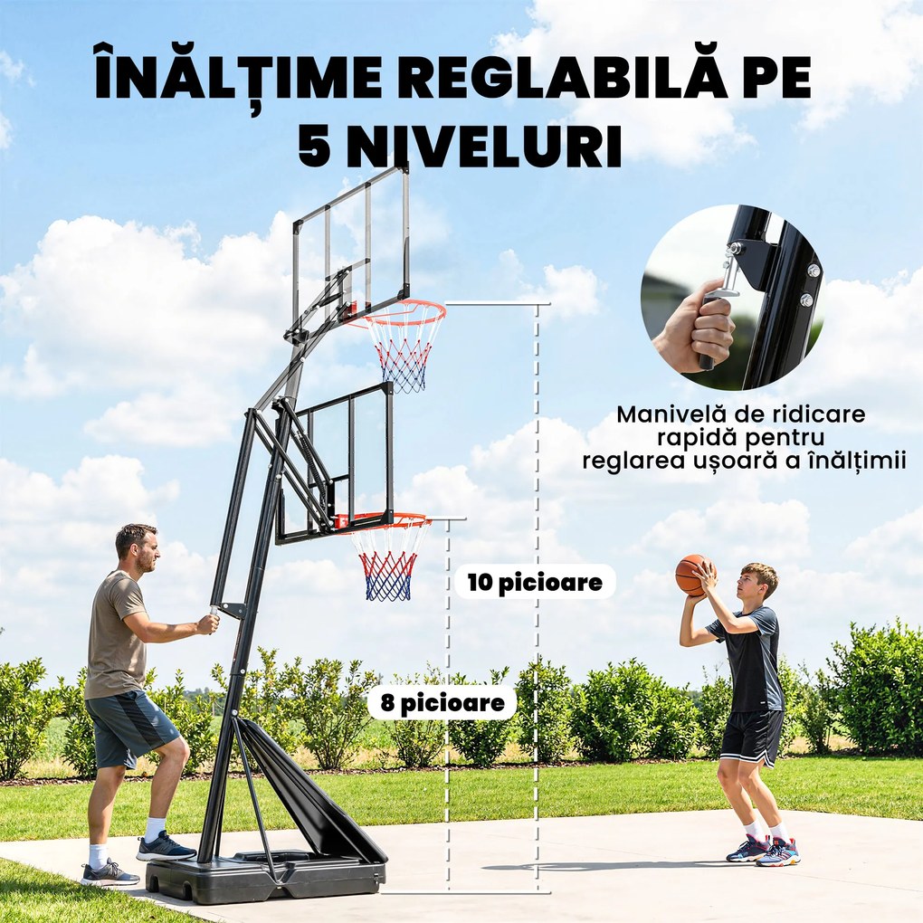 SPORTNOW Coș de Baschet Portabil pentru Exterior, Reglabil 2,45-3,05 m, Panou Rezistent la Șocuri, Reglare cu Manivelă | Aosom Romania