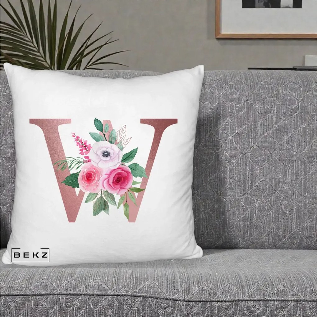 Cadou Personalizat - Perna Personalizata Monograma Rose Gold Litera W cu Trandafiri si Anemona, 40x40 cm, Alb Pufos, Husa Detasabila, Perna Inclusa, BEKZ®