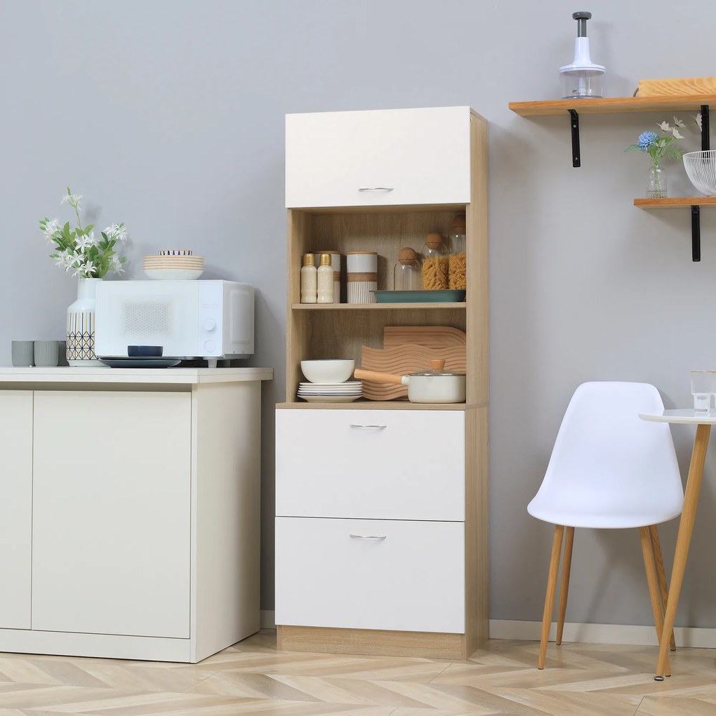 HOMCOM Bufet de bucătărie dulap de bucătărie cu multi-stocare 2 sertare 1 dulap + blat mare 60 x 38 x 168 cm MDF alb | Aosom Romania