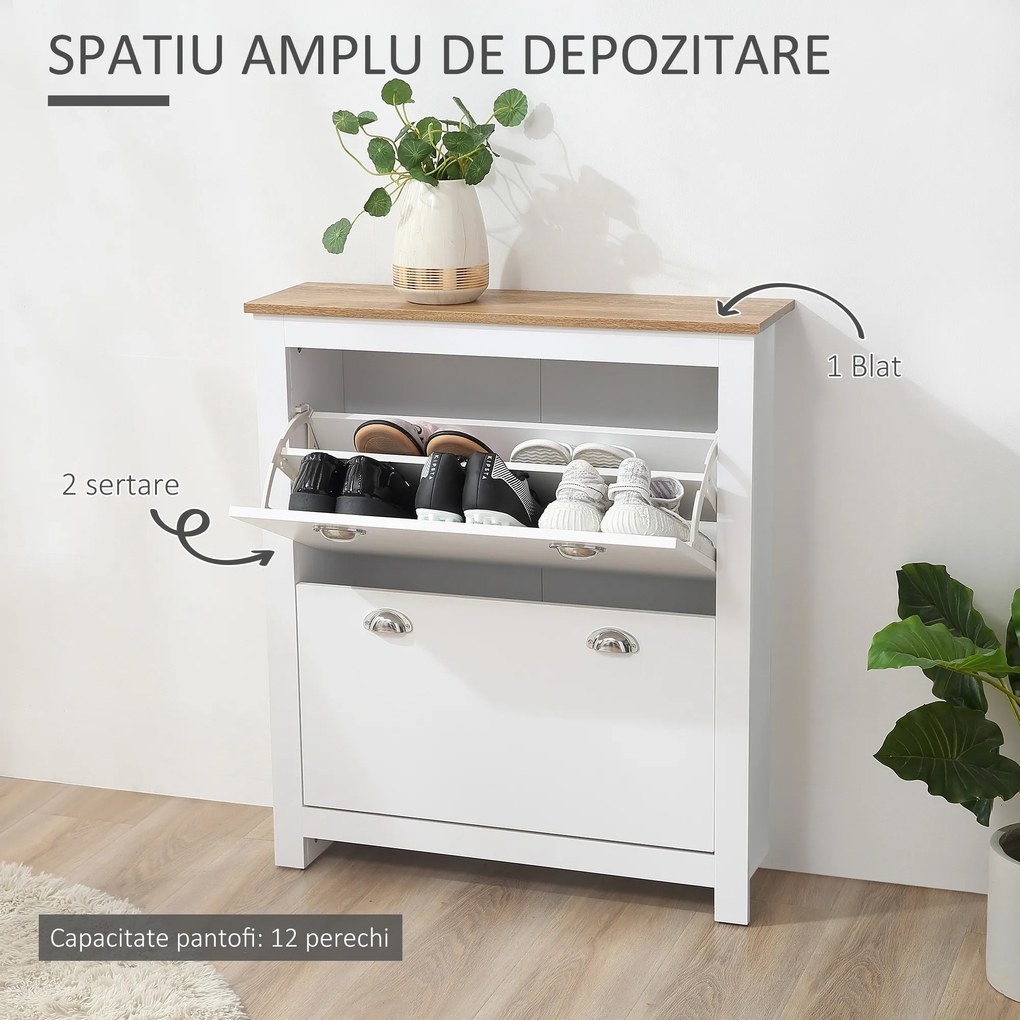 HOMCOM Dulap pentru Pantofi cu 2 Sertare pentru 12 Perechi de Încălțăminte, Dulap de Depozitare, 79x23x90,5 cm, Alb | Aosom Romania