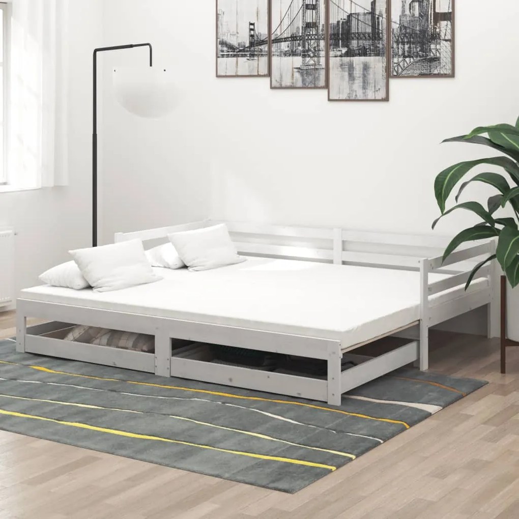 Pat extensibil de zi, 2x(90x200) cm, alb, lemn masiv de pin Alb