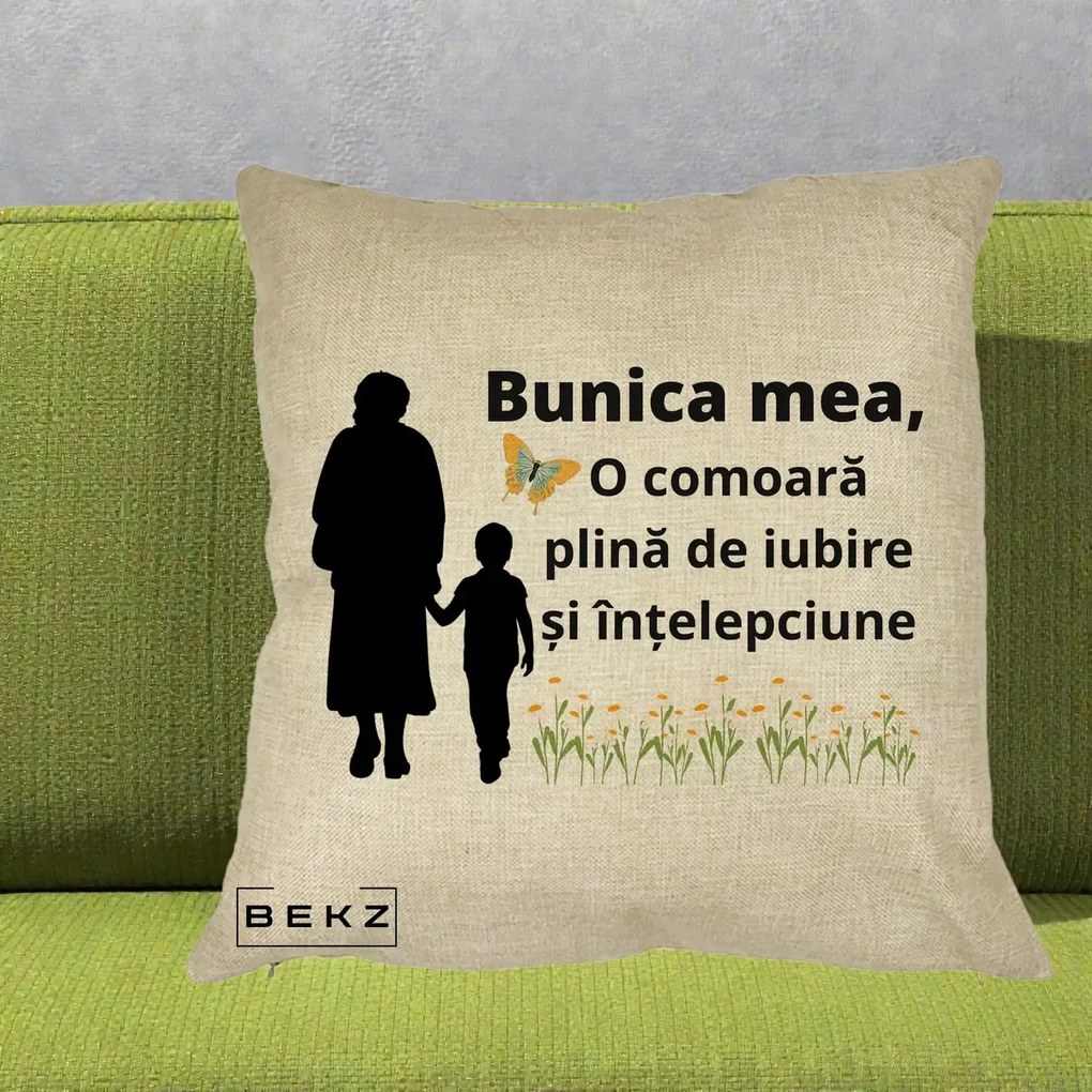 Cadou pentru Bunica - Perna Personalizata Bunica Mea Comoara cu Fluture si Baietel, 40x40 cm, Crem, Husa Detasabila, Perna Inclusa, BEKZ®