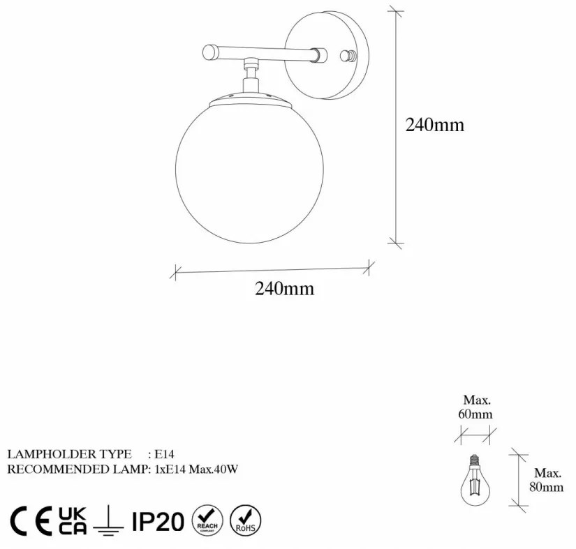 Aplica de Perete Roe - 10720, Soclu E14, Max. 40W, Culoare Auriu