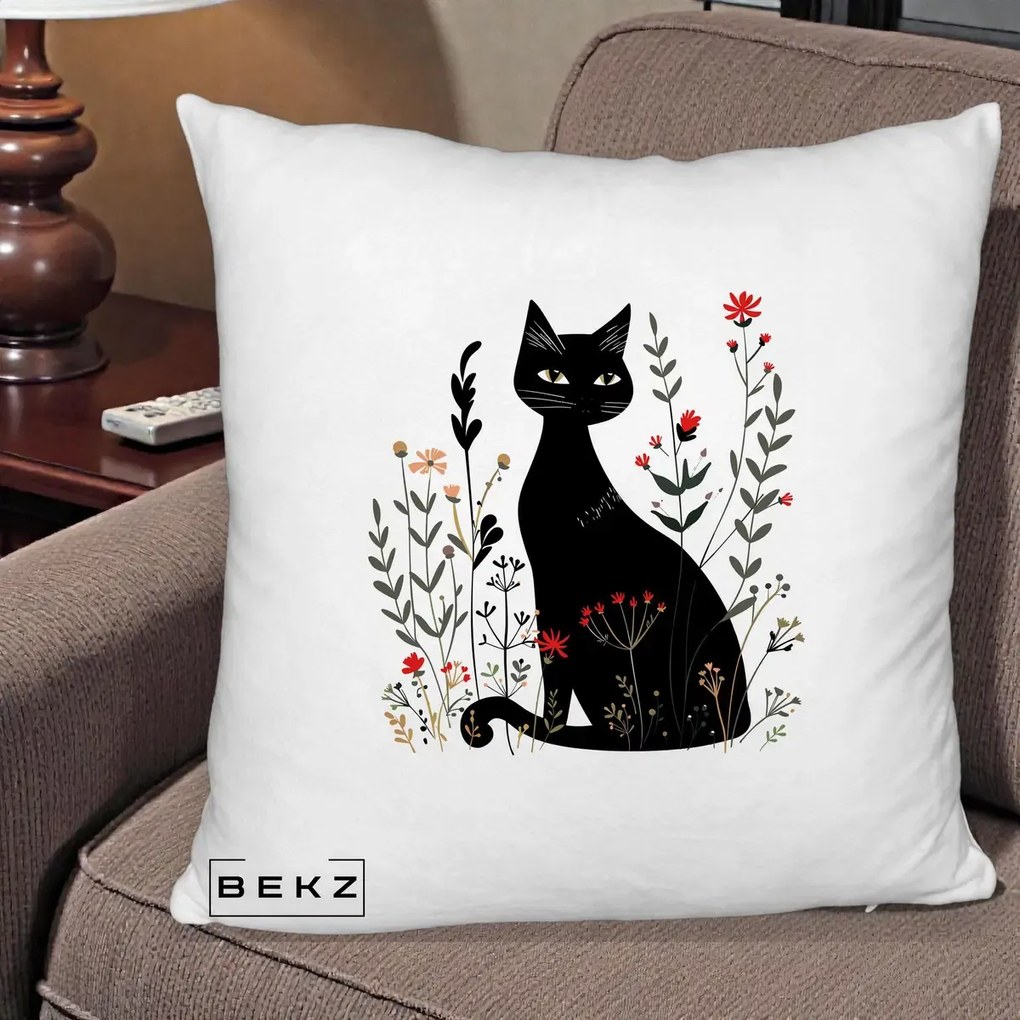 Perna Decorativa Pisica Neagra Botanica Rosu-Gri, 40x40 cm, Alb Pufos, Husa Detasabila, Perna Inclusa, BEKZ®