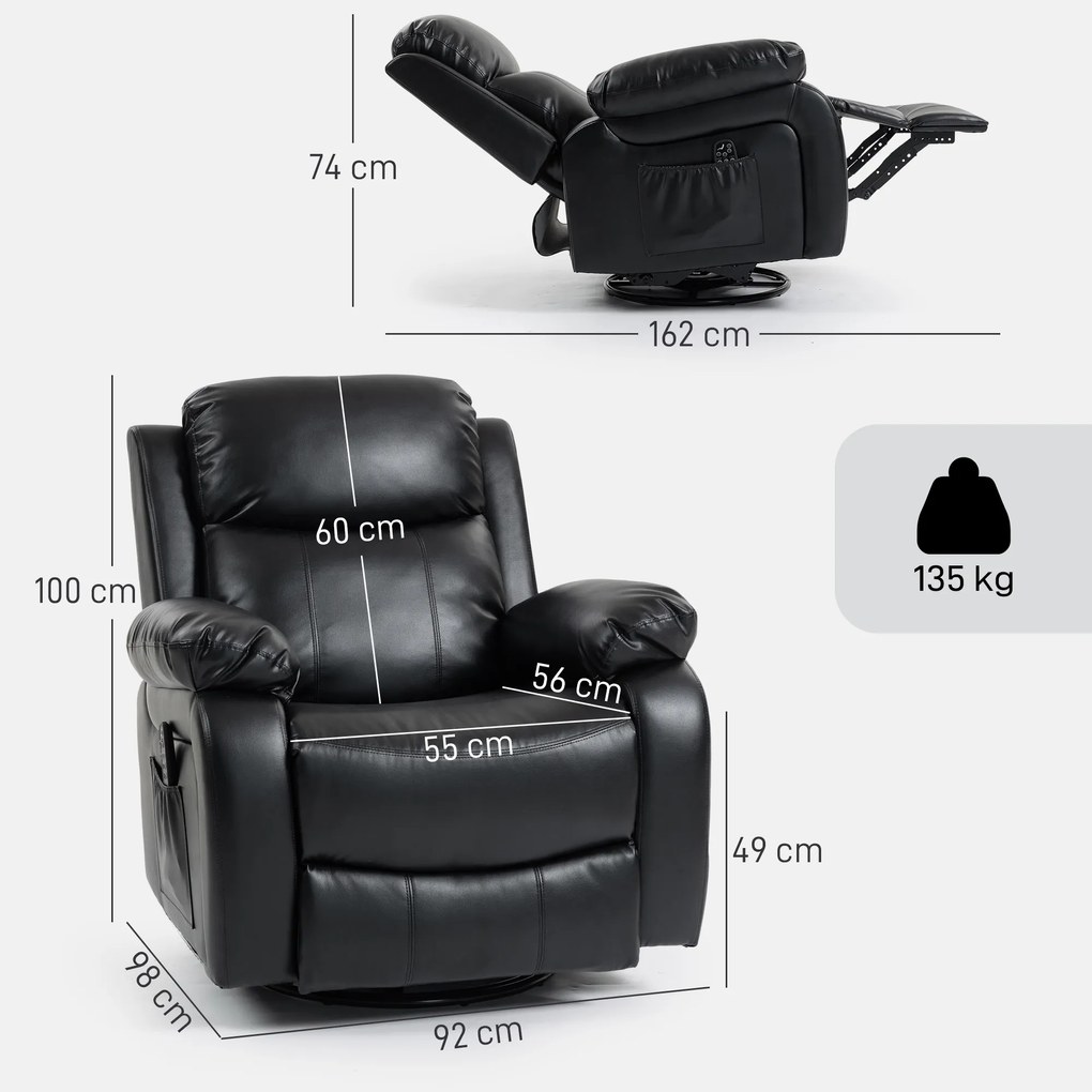 HOMCOM Fotoliu de masaj cu 8 capete vibrante, fotoliu relax, spătar reglabil + suport pentru picioare, Negru | Aosom Romania