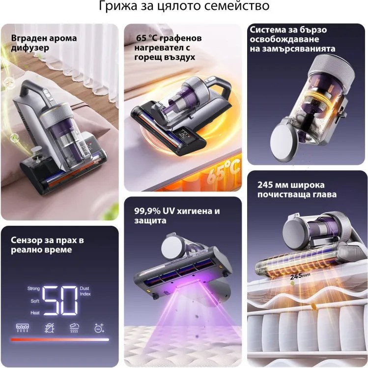 Aspirator anti-acarieni Jimmy BX8 Pro, 600 W, 0,5 l, 17 kPa, Pro-Brushroll, Sterilizare prin incalzire la 65 °C, Ultrasunete, UV, Ioni negativi, Filtrare in 6 etape, Gri/Violet