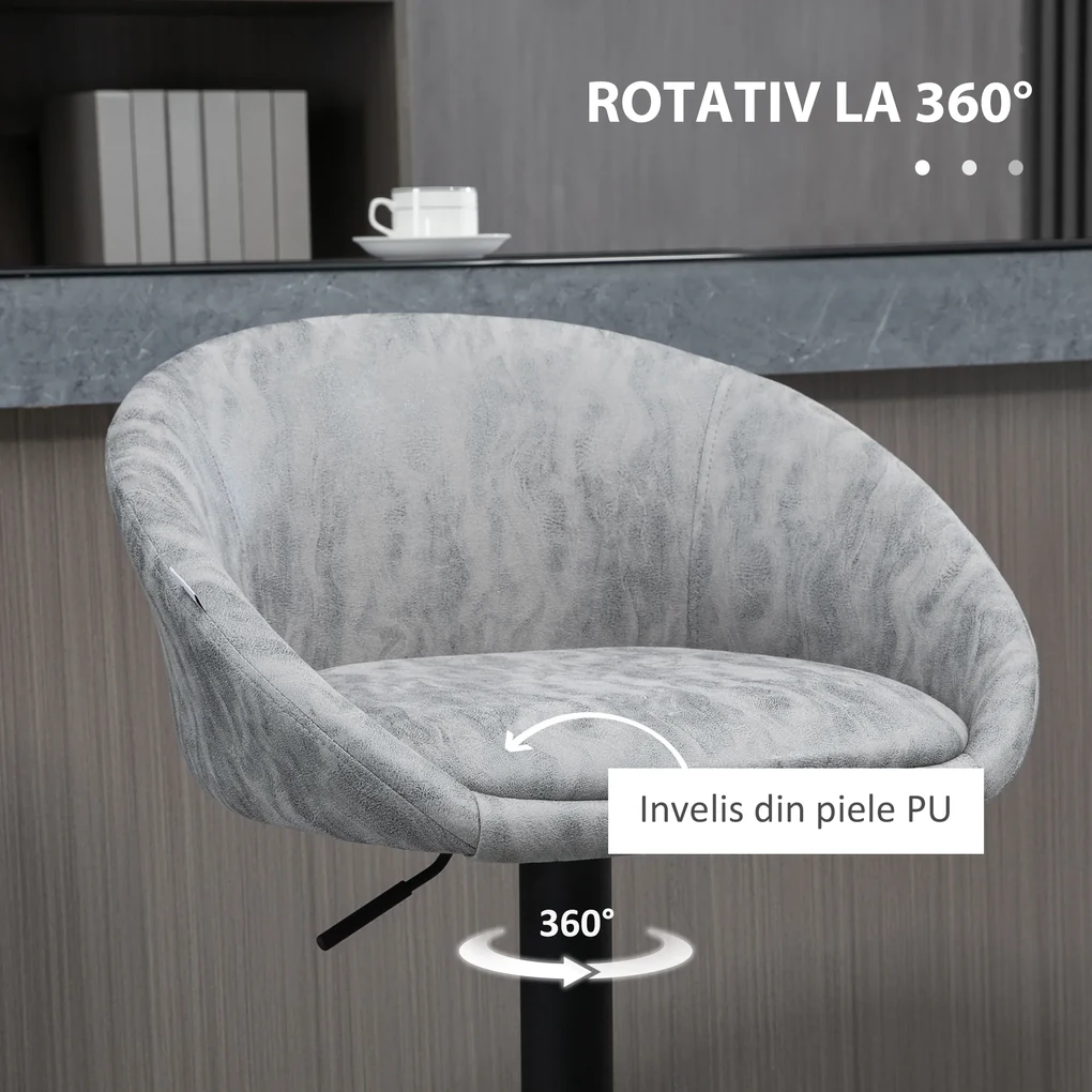 HOMCOM Set 2 Scaune Bar Rotative Piele PU Gri, Confortabile și Reglabile în Înălțime | Aosom Romania