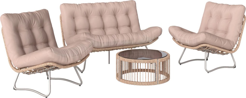 Outsunny Set mobilier grădină 4 piese Polyrattan Lounge cu canapea 2 locuri 2 fotolii masă cu sticlă șezut lat și adânc perne groase | Aosom Romania