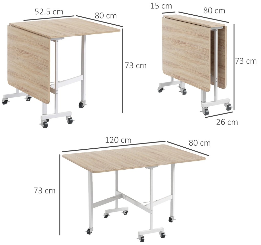 Masă pliabila cu 2 foi cu roți, masă de economisire a spațiului pentru living și bucătărie din MDF și oțel, 120x80x73cm, maro HOMCOM | Aosom Romania