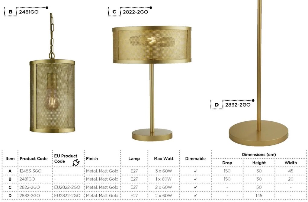 Lampadar / Lampa de podea design retro Fishnet auriu EU2832-2GO SRT