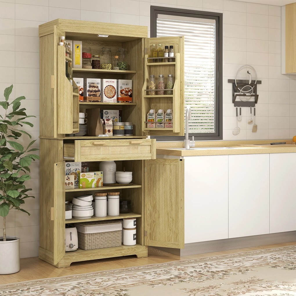 HOMCOM Dulap Bucătărie 76×40×183 cm cu 2 Uși și Sertar, Rafturi Condimente, Stejar | Aosom Romania