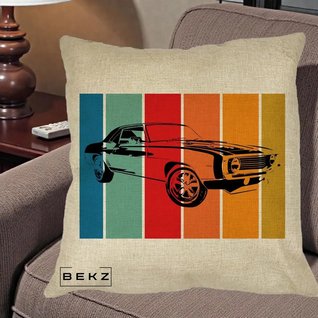 Perna Personalizata Masina Retro Muscle Car Grafic, 40x40 cm, Crem, Husa Detasabila, Perna Inclusa, BEKZ®
