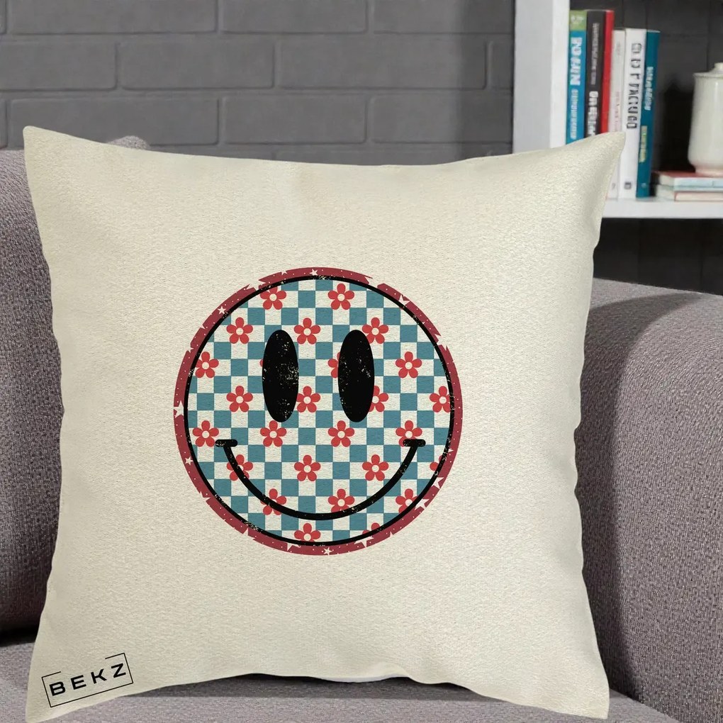 Perna Decorativa Smiley Face Checkered cu Floricele, 40x40 cm, Ecru, Husa Detasabila, Perna Inclusa, BEKZ®