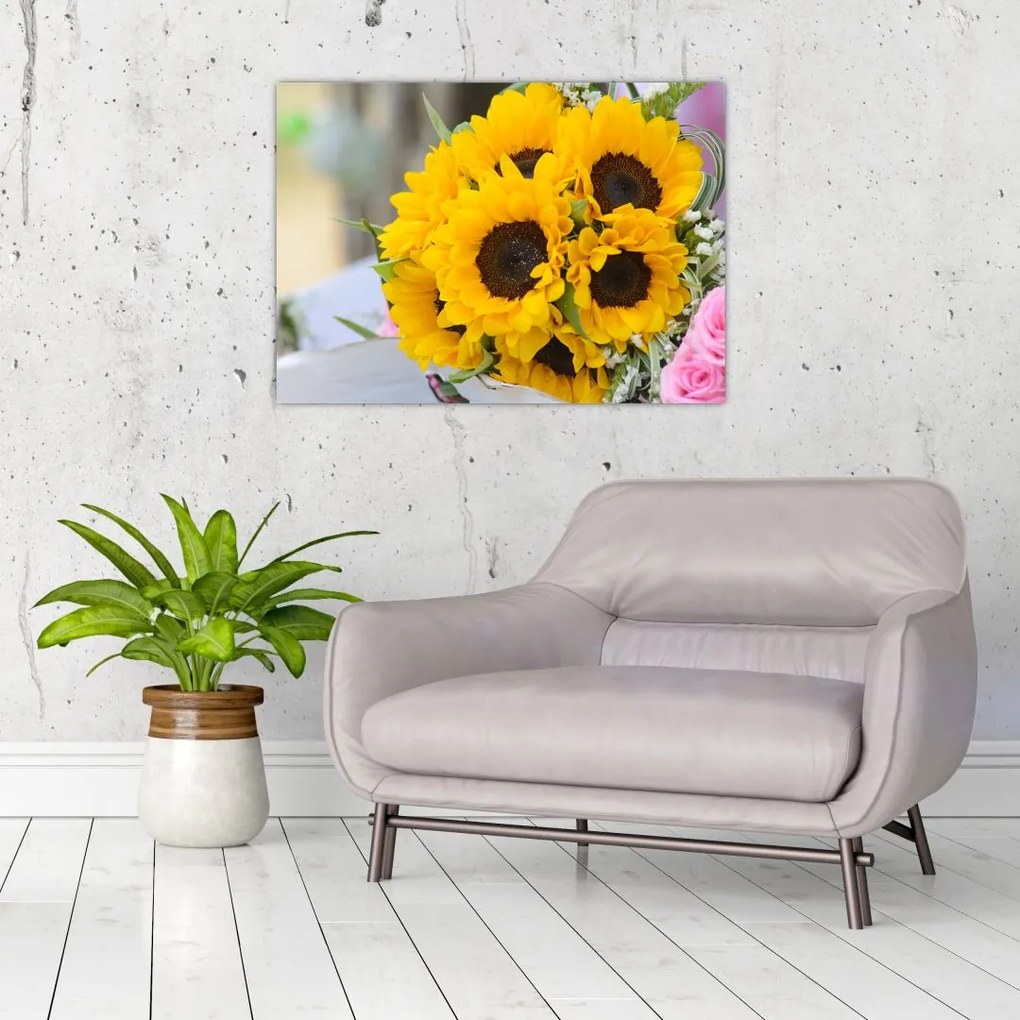 Tablou pe sticlă cu buchetul miresii de floarea soarelui (70x50 cm)