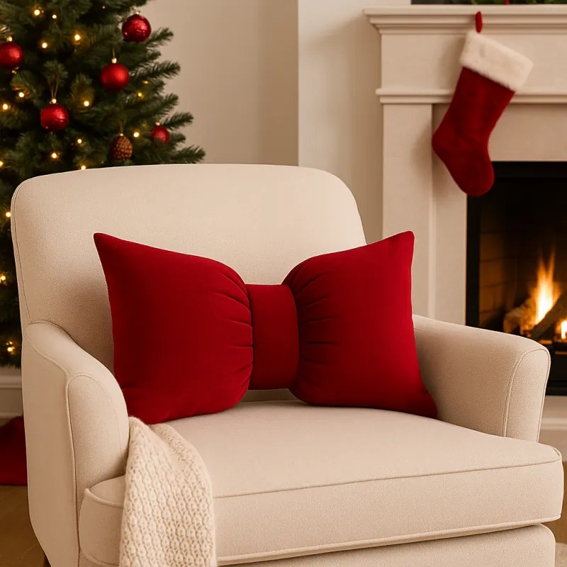 Perna decorativa din catifea in forma de funda BOWERY, rosie