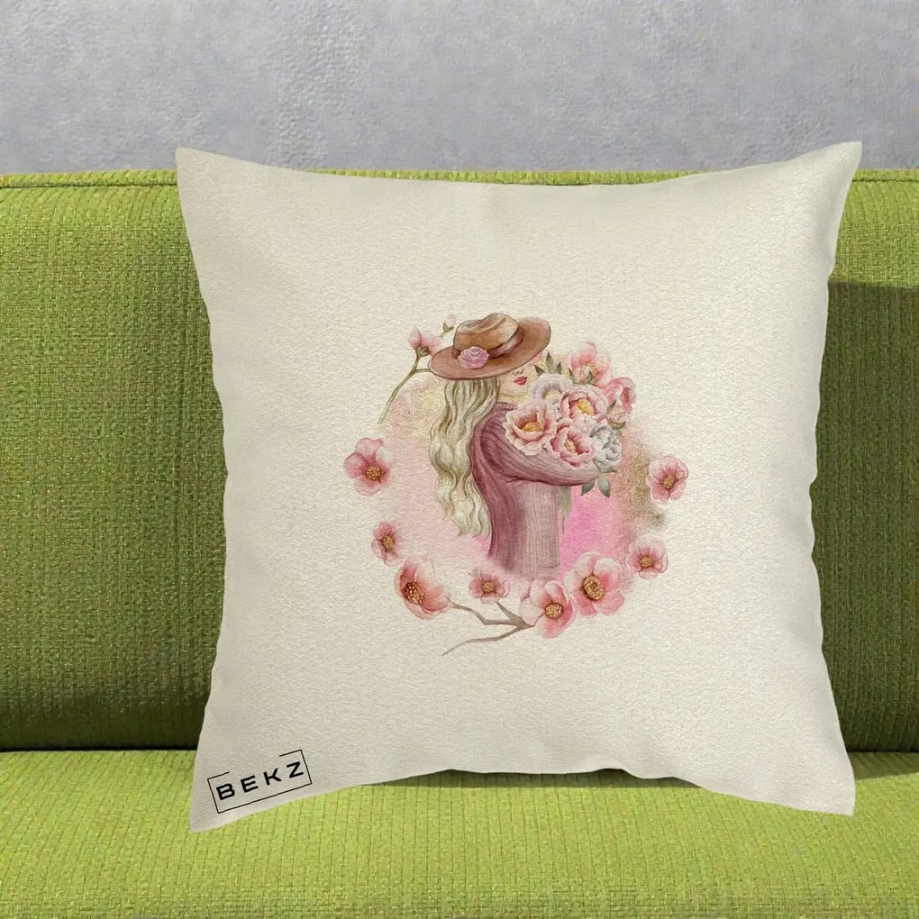 Perna Decorativa Femeie cu Flori Roz Acuarela, 40x40 cm, Ecru, Husa Detasabila, Perna Inclusa, BEKZ®
