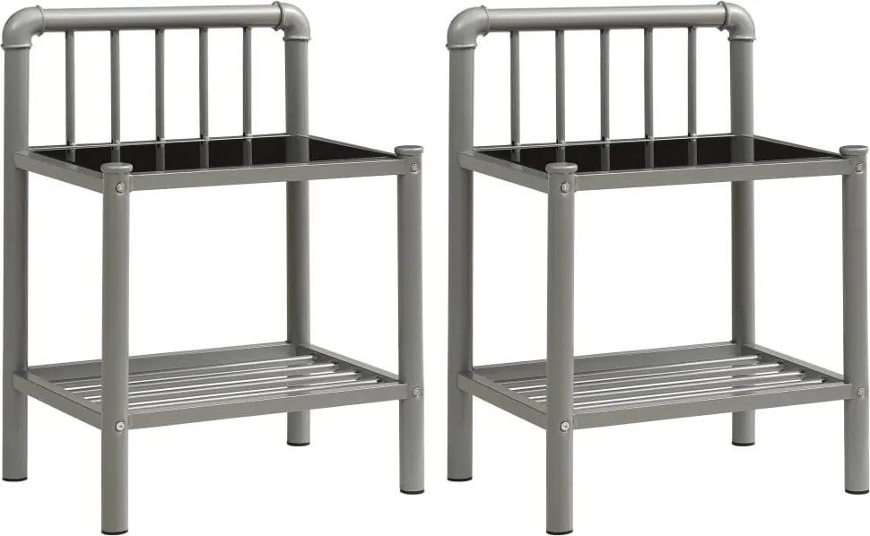 vidaXL Noptiere, 2 buc., gri și negru, metal și sticlă