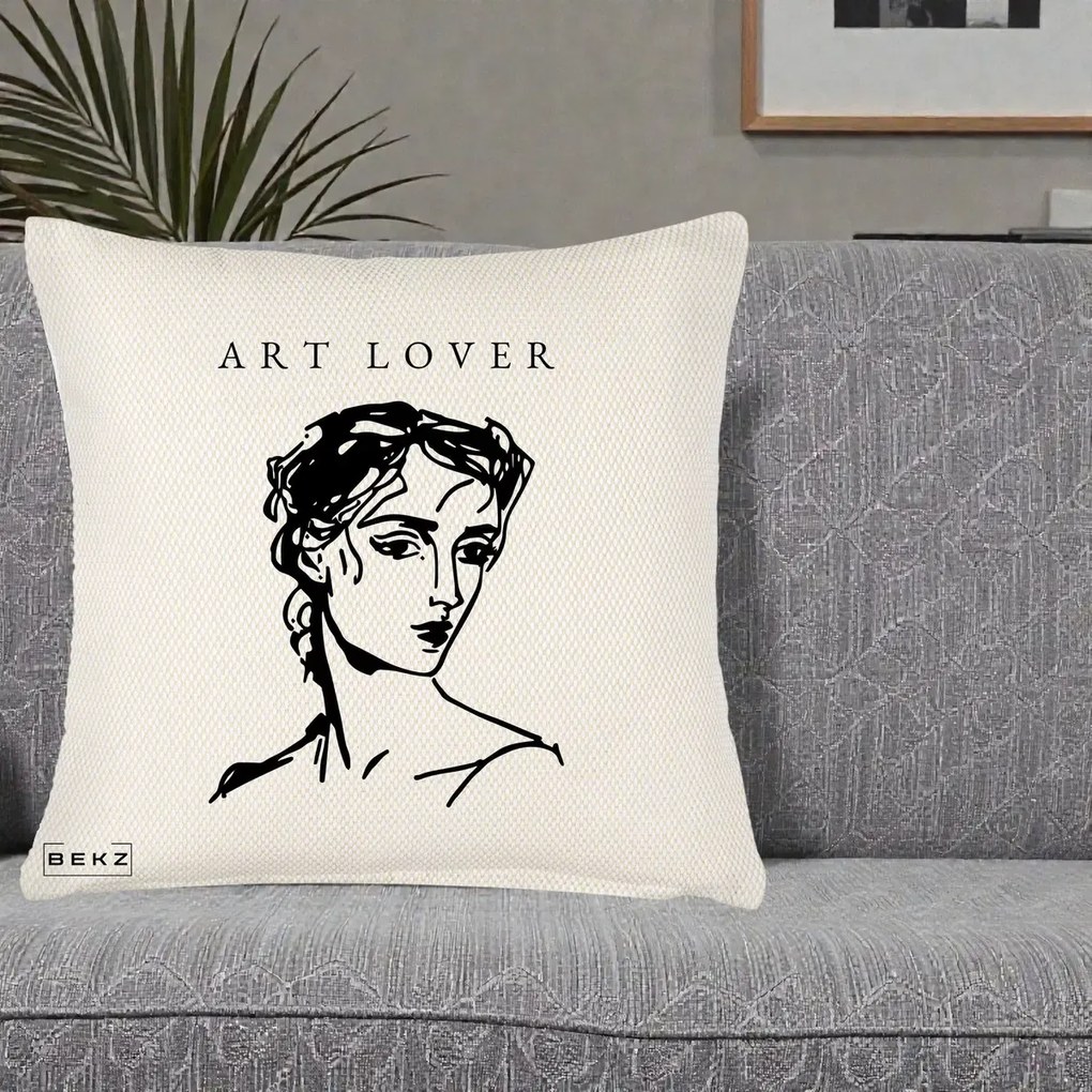 Perna Decorativa Art Lover Portret Grafic, 40x40 cm, Crem Reliefat, Husa Detasabila, Perna Inclusa, BEKZ®