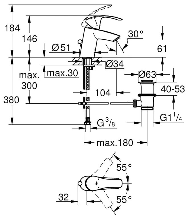 Pachet: Baterie cabina dus Grohe Grohtherm 800,set dus inclus-34565001+Baterie lavoar Grohe Eurosmart marimea S-33265002