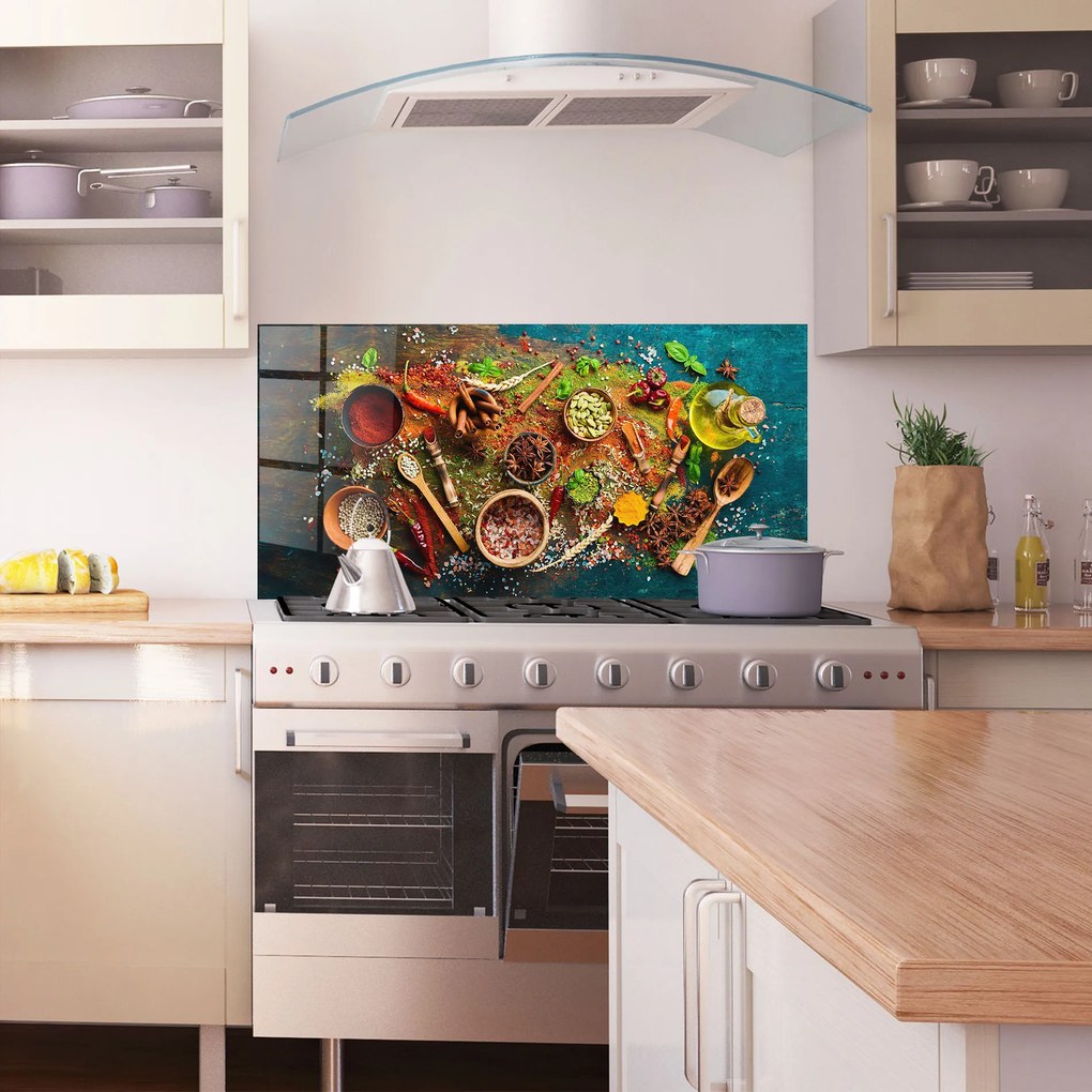 Panou Sticla Bucatarie, 60x150cm, Protectie aragaz, Antistropi, Termorezistent, Alimente, Condimente, Seasonings Mix