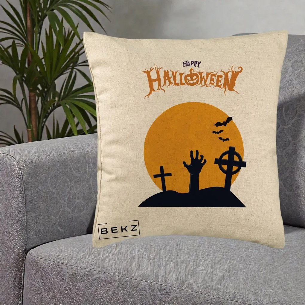 Perna Decorativa Happy Halloween Cimitir cu Luna, 40x40 cm, Bej, Husa Detasabila, Perna Inclusa, BEKZ®