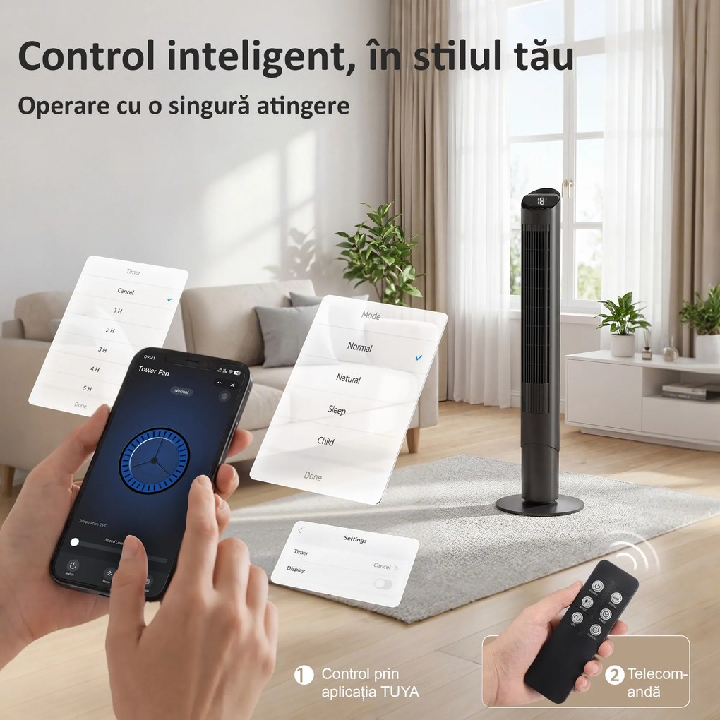 HOMCOM Ventilator de Coloană 116 cm, ventilator WiFi cu aplicație de control, dormitor, culoare neagră | Aosom Romania