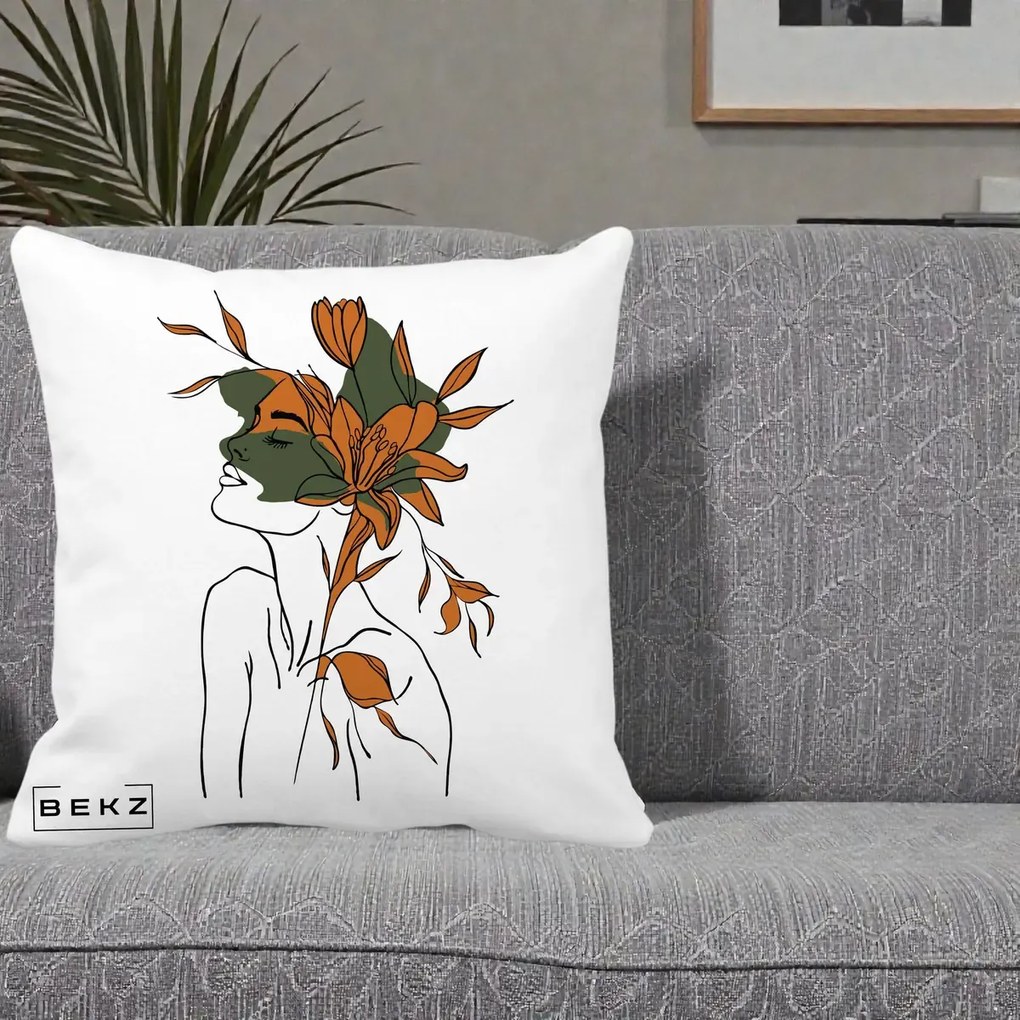Perna Decorativa Portret Feminin Crin Auriu, 40x40 cm, Alba Mata, Husa Detasabila, Perna Inclusa, BEKZ®