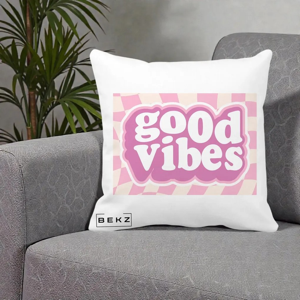 Perna Decorativa Good Vibes Retro Roz, 40x40 cm, Alba Mata, Husa Detasabila, Perna Inclusa, BEKZ®