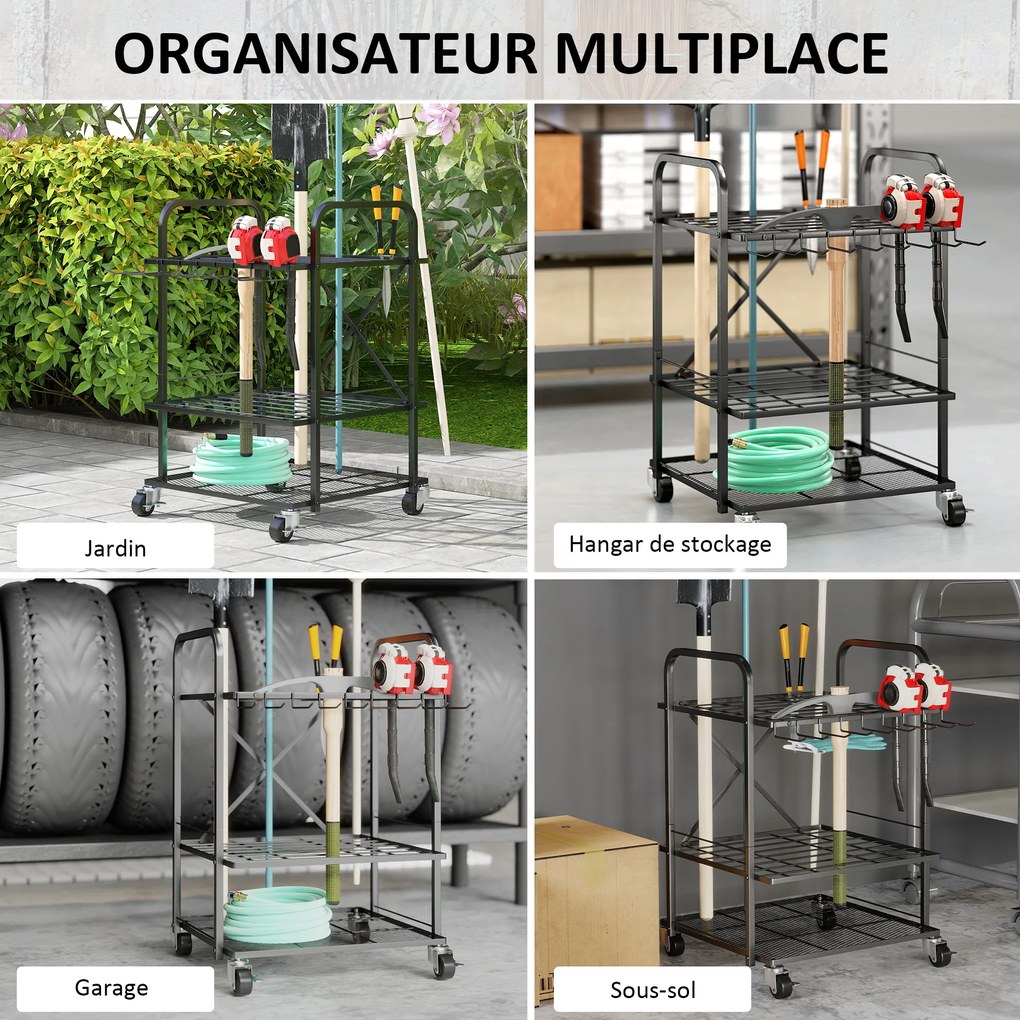 Outsunny Organizator de unelte de grădină, suport pentru unelte de grădină cu 40 compartimente pe 2 niveluri cu roți 57 x 48 x 70 cm negru | Aosom Romania