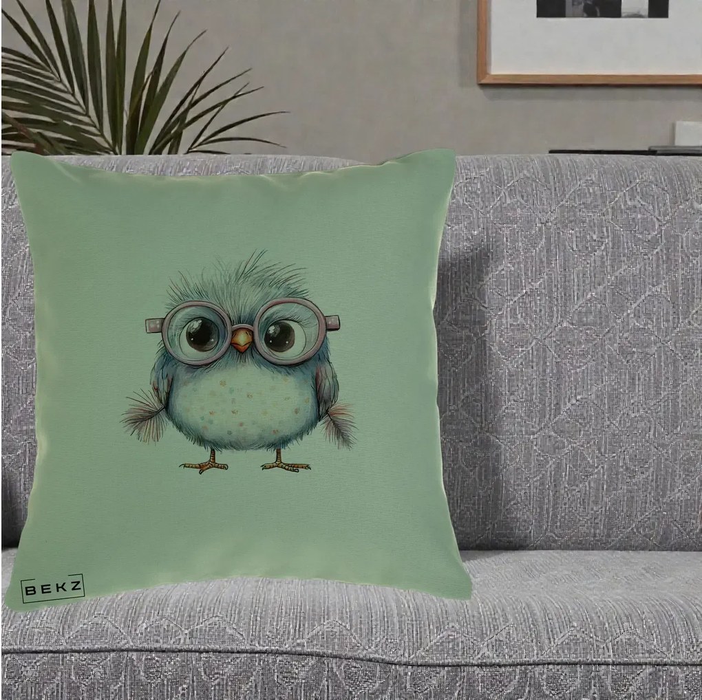 Perna Decorativa Pui Pufos cu Ochelari Roz, 40x40 cm, Verde, Husa Detasabila, Perna Inclusa, BEKZ®