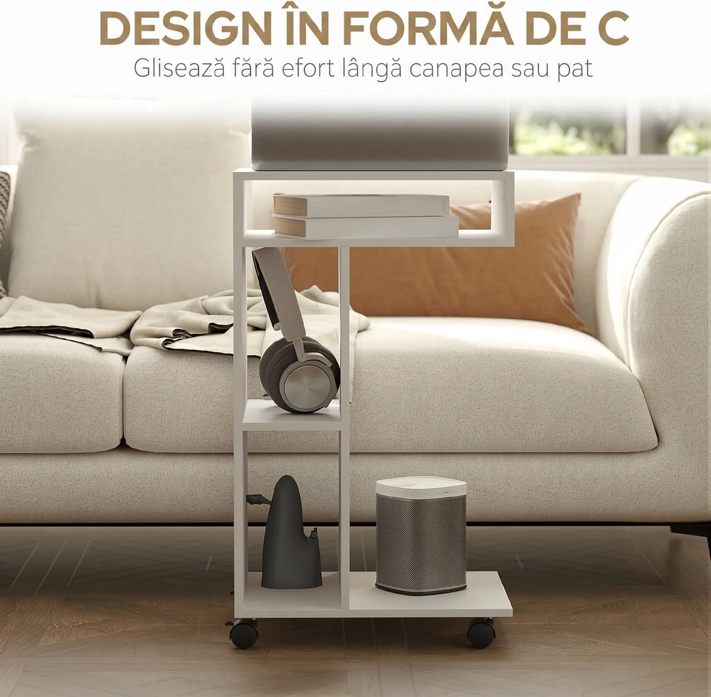 HOMCOM Masă de Cafea cu Roți și Raft Deschis în Formă de C, Albă | Aosom Romania