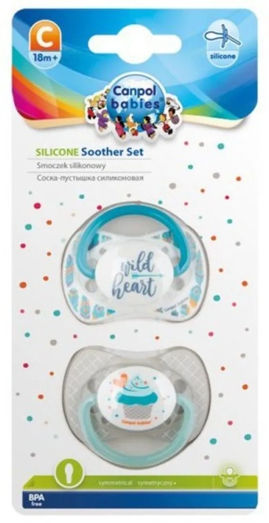 Set 2 suzete simetrice, 6 - 18 m, Canpol Babies - Wild Heart, Cupcake