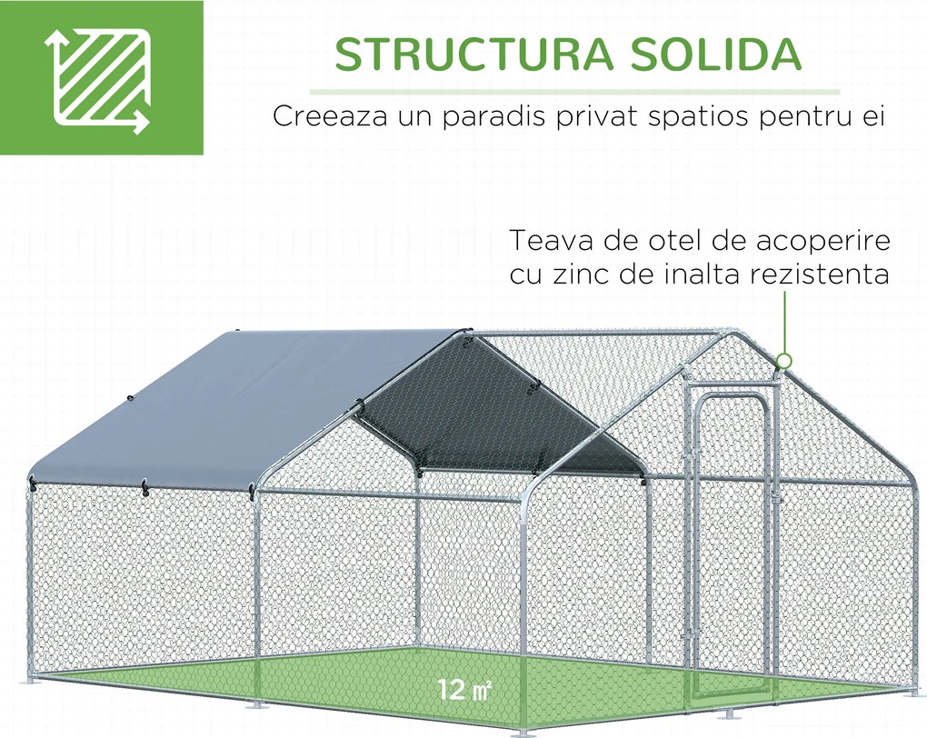 PawHut Coteț Găini Metal Galvanizat Copertină UV Spațiu Amprent 300x400x195cm Argintiu | Aosom Romania