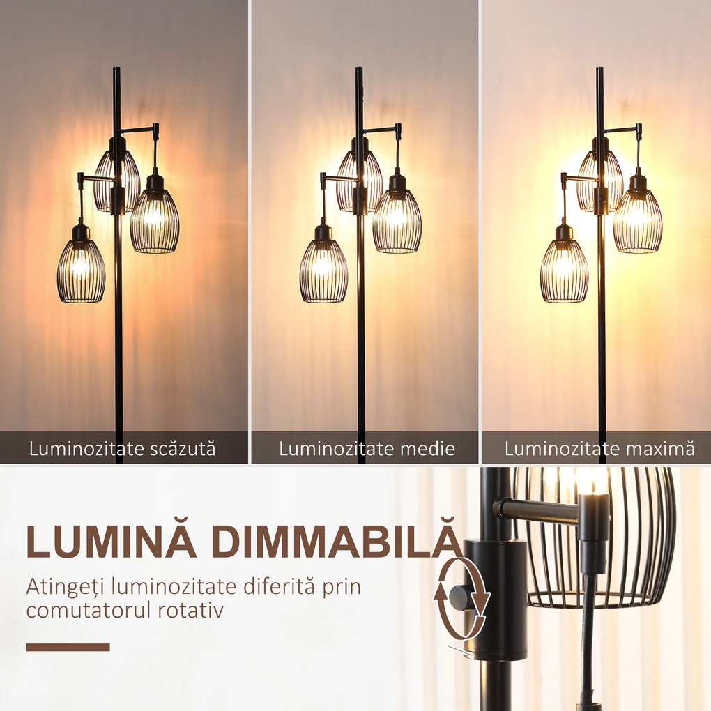 HOMCOM Lampadar Industrial cu 3 Abajururi și Intensitate Regulabilă, 30x30x170.5 cm, Negru | Aosom Romania