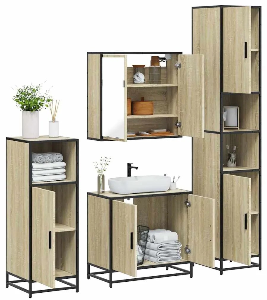 vidaXL Set de mobilier de baie din 4 piese din lemn de stejar Sonoma