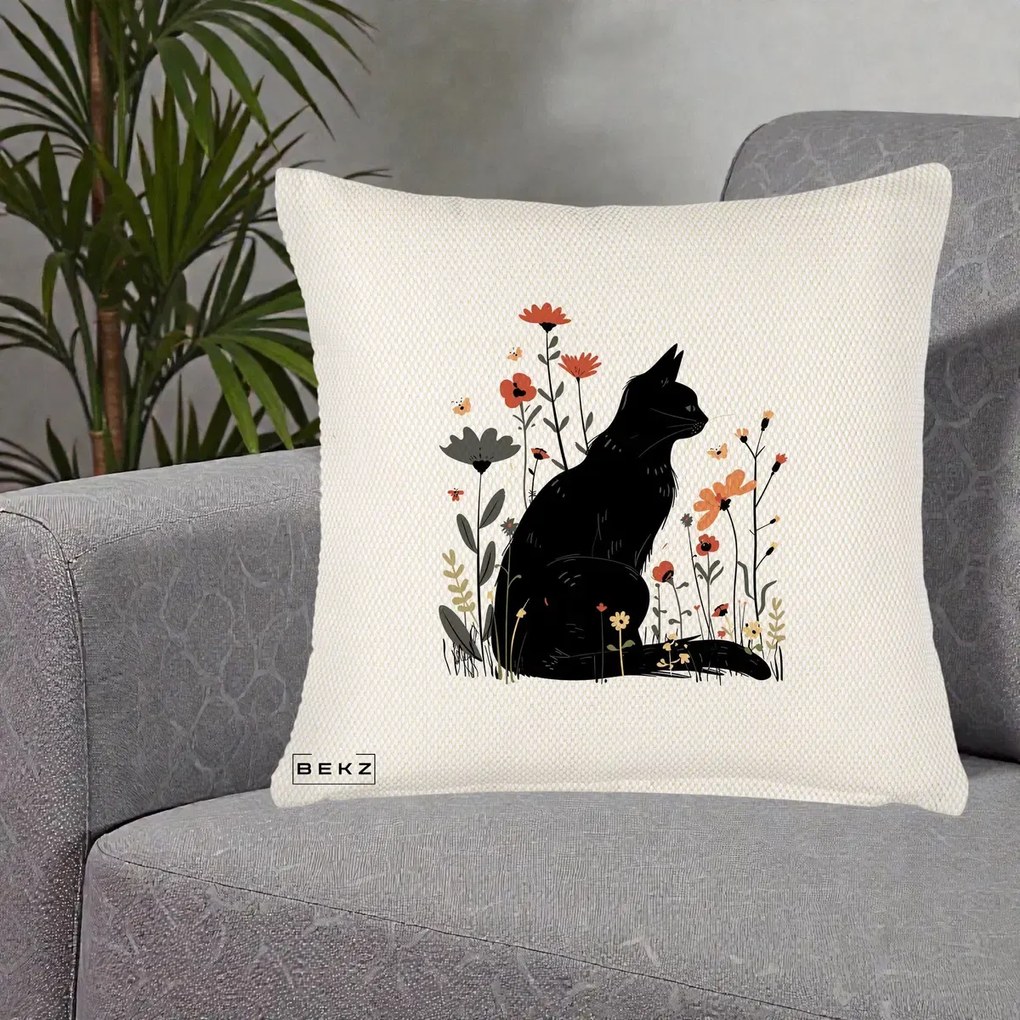 Perna Decorativa Pisica Neagra Profil Flori Portocalii, 40x40 cm, Crem Reliefat, Husa Detasabila, Perna Inclusa, BEKZ®