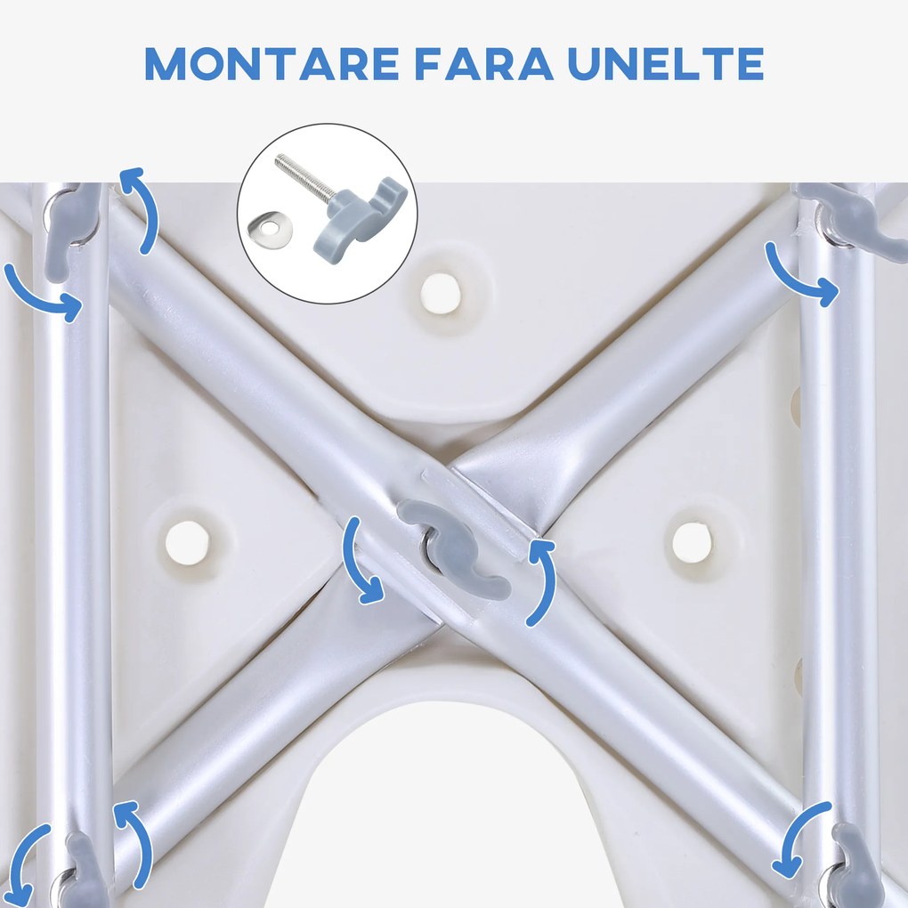 HOMCOM Scaun de Duș Reglabil pe 8 Nivele cu Orificii de Drenaj și Șezut în Formă de U, 48x42x71-83,5 cm, Alb | Aosom Romania