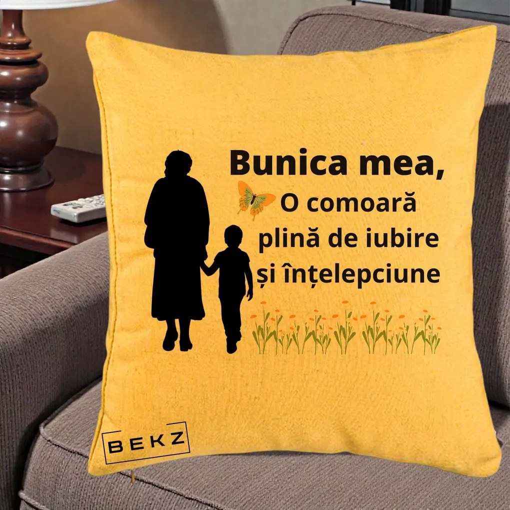 Cadou pentru Bunica - Perna Personalizata Bunica Mea Comoara cu Fluture si Baietel, 40x40 cm, Galben, Husa Detasabila, Perna Inclusa, BEKZ®