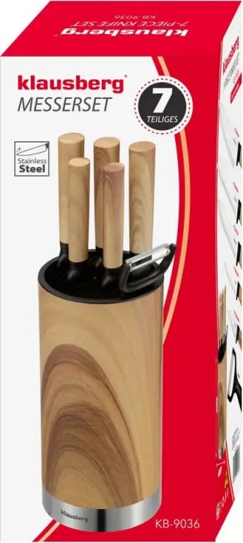 Set de cuțite de bucătărie Klausberg KB 9036, 7 piese, oțel inoxidabil, aspect de lemn, suport, maro