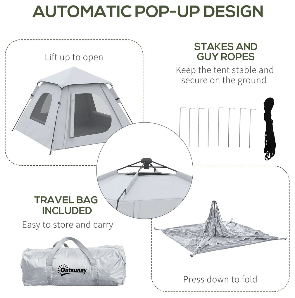 Outsunny Cort de Camping Automat cu Veranda pentru 2-3 Persoane, Cort Pop-Up in Aer Liber, Adapost Portabil pentru Drumetii cu Ferestre cu Plasa, Usa cu Fermoar,Geanta de Transport Portabila | Aosom Romania
