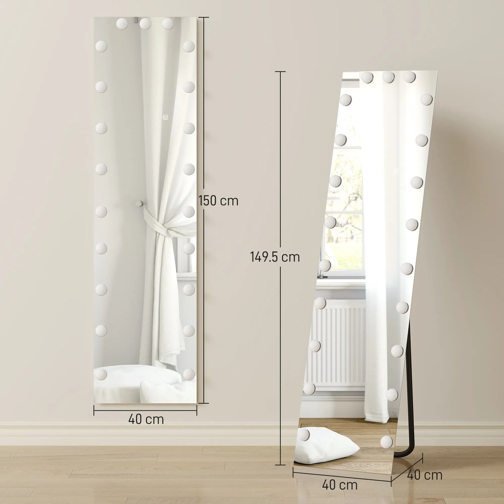 HOMCOM Oglindă pentru corp întreg 150x40 cm LED RGB, oglindă de podea cu 21 becuri, 7 culori, buton tactil, funcție memorie | Aosom Romania