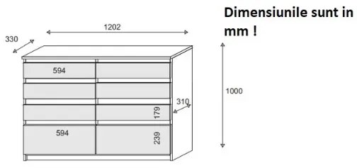 Comoda cu 8 sertare, 120x100x33 cm, stejar sonoma alb, pentru hol, living, dormitor, birou, Bortis Impex stejar sonoma/alb