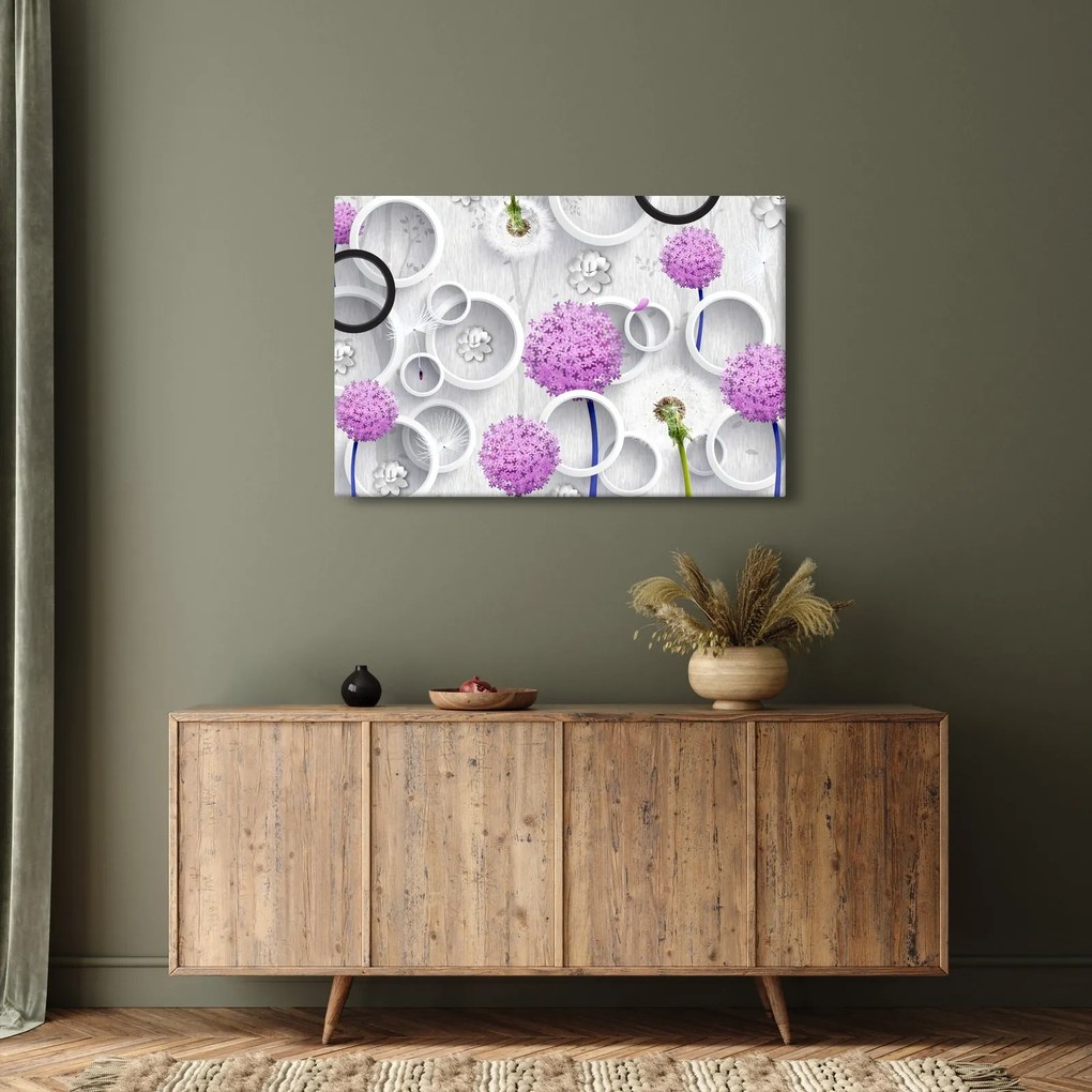 Tablou cu abstracție 3D cu cercuri și flori (90x60 cm)