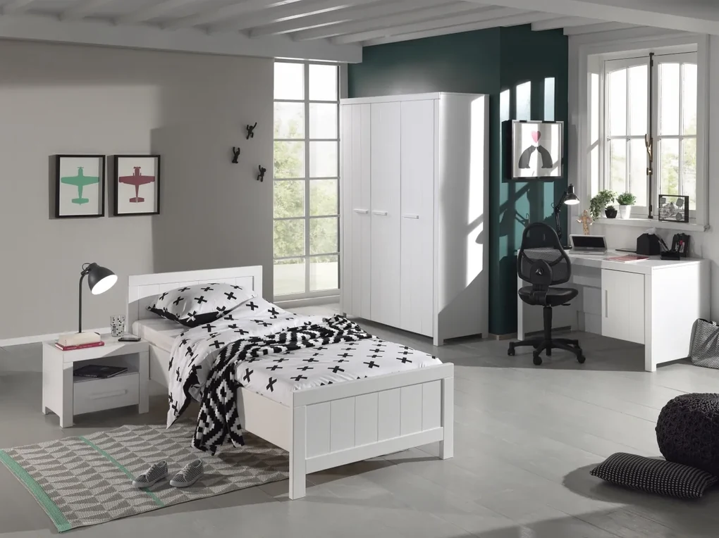 Set Mobilier Cameră Copii ERIK: Pat 90x200 cm, Dulap 3 Uși, Birou și Noptieră, Alb – Vipack