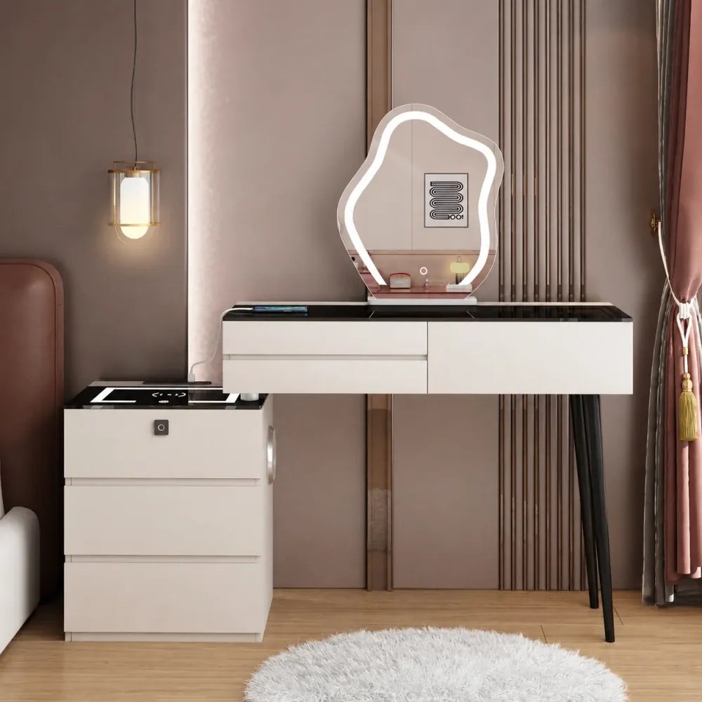 Set HANA – Masă de Toaletă pentru Machiaj, Incărcare Wireless, Blocare Amprentă, Blat sticlă, Iluminare LED 3 culori, Alb/Negru