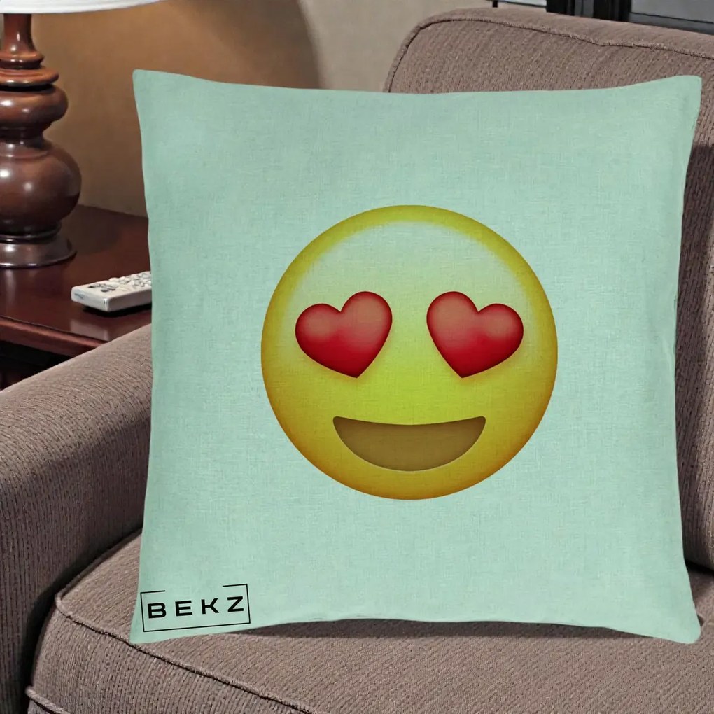 Perna Decorativa Emoji Inimi in Ochi, 40x40 cm, Verde Menta, Husa Detasabila, Perna Inclusa, BEKZ®